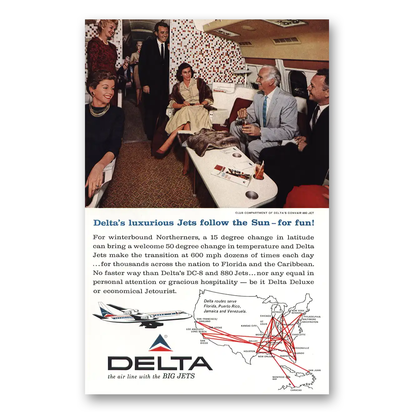 1962 Delta Air Lines Club Compartment Luxurious Jets Vintage Magazine Print Ad