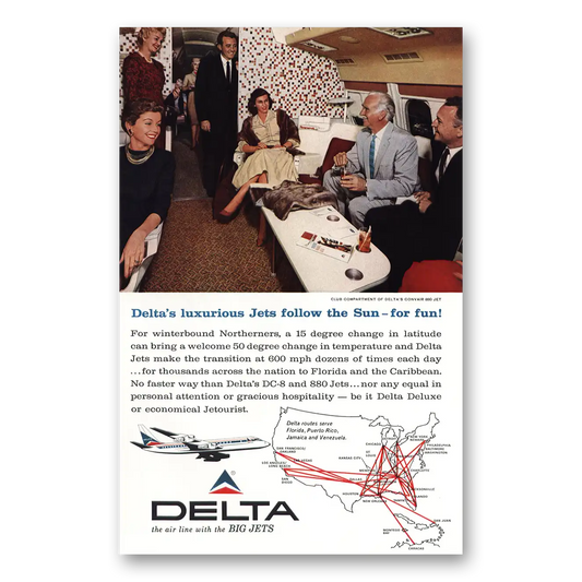 1962 Delta Air Lines Club Compartment Luxurious Jets Vintage Magazine Print Ad