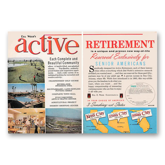 1962 Del Webb Sun City Active Retirement Vintage Magazine Print Ad