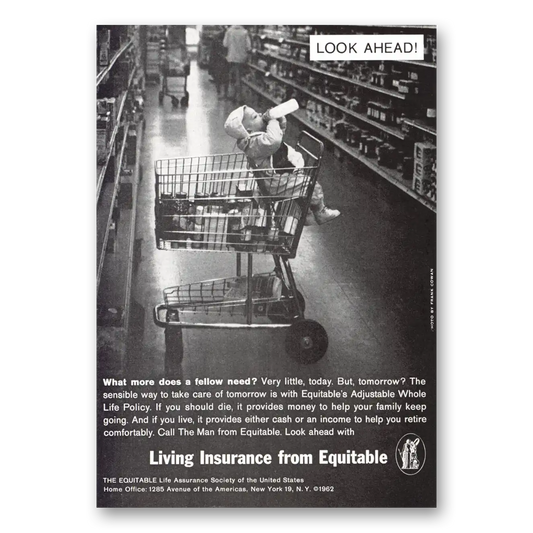 1962 Equitable Life Assurance Look Ahead Shopping Cart Vintage Magazine Print Ad