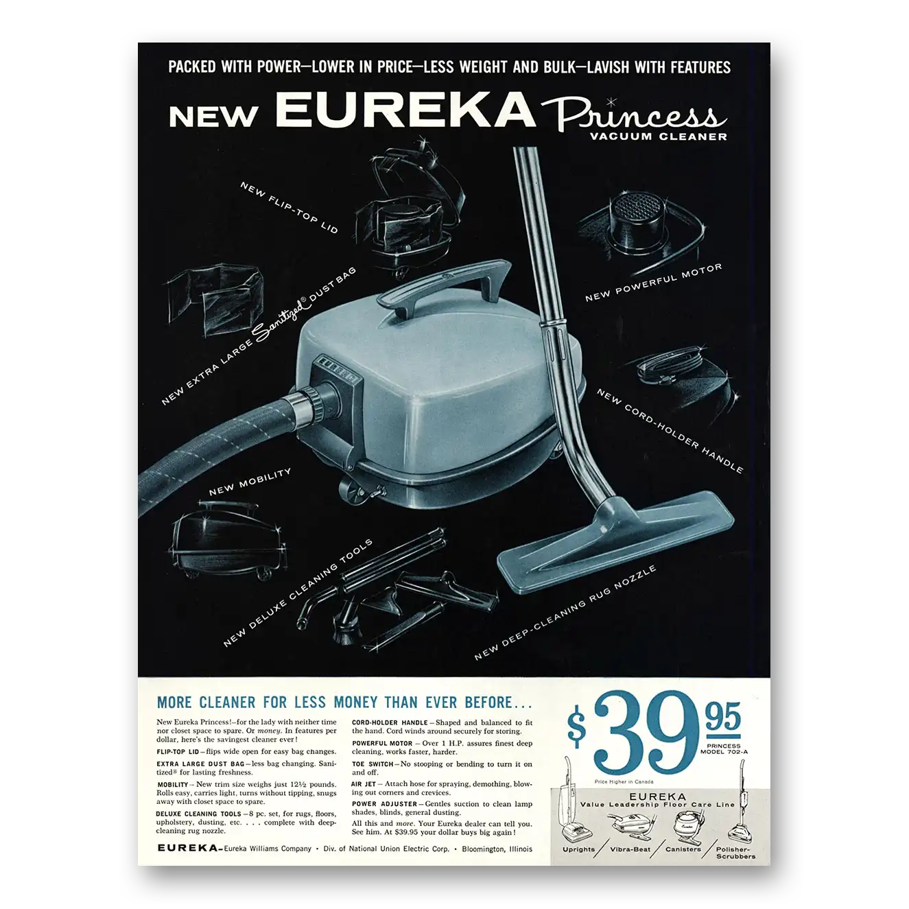 1962 Eureka Princess Vacuum Cleaner More Cleaner Less Money Vintage Magazine Print Ad