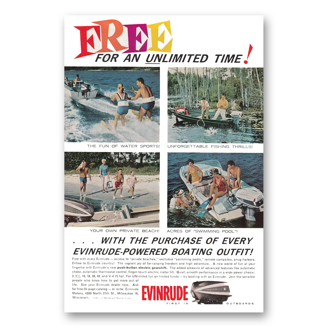 1962 Evinrude Water Sports Fishing Vintage Magazine Print Ad