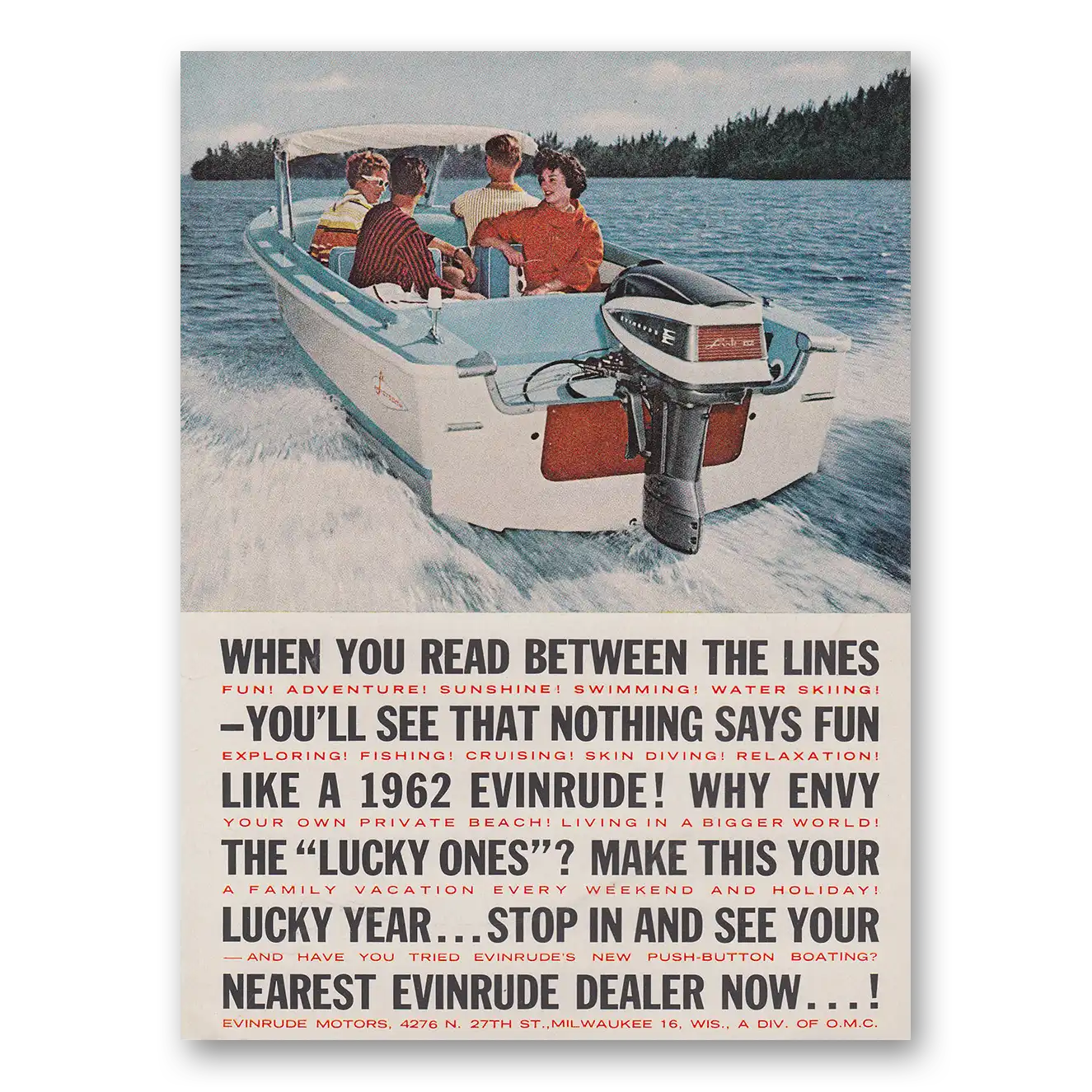 1962 Evinrude Read Between the Lines Vintage Magazine Print Ad