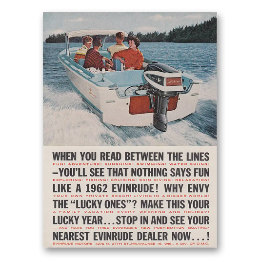 1962 Evinrude Read Between the Lines Vintage Magazine Print Ad