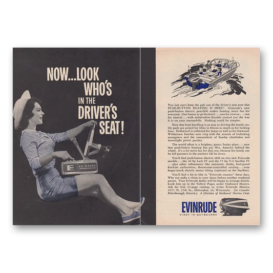 1962 Evinrude Look Who's In the Drivers Seat Vintage Magazine Print Ad