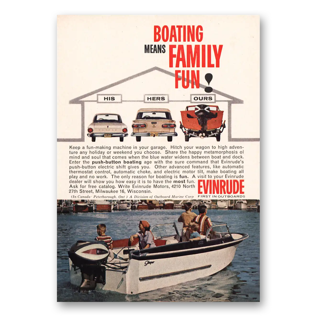 1962 Evinrude Boating Means Family Fun Vintage Magazine Print Ad