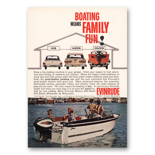 1962 Evinrude Boating Means Family Fun Vintage Magazine Print Ad