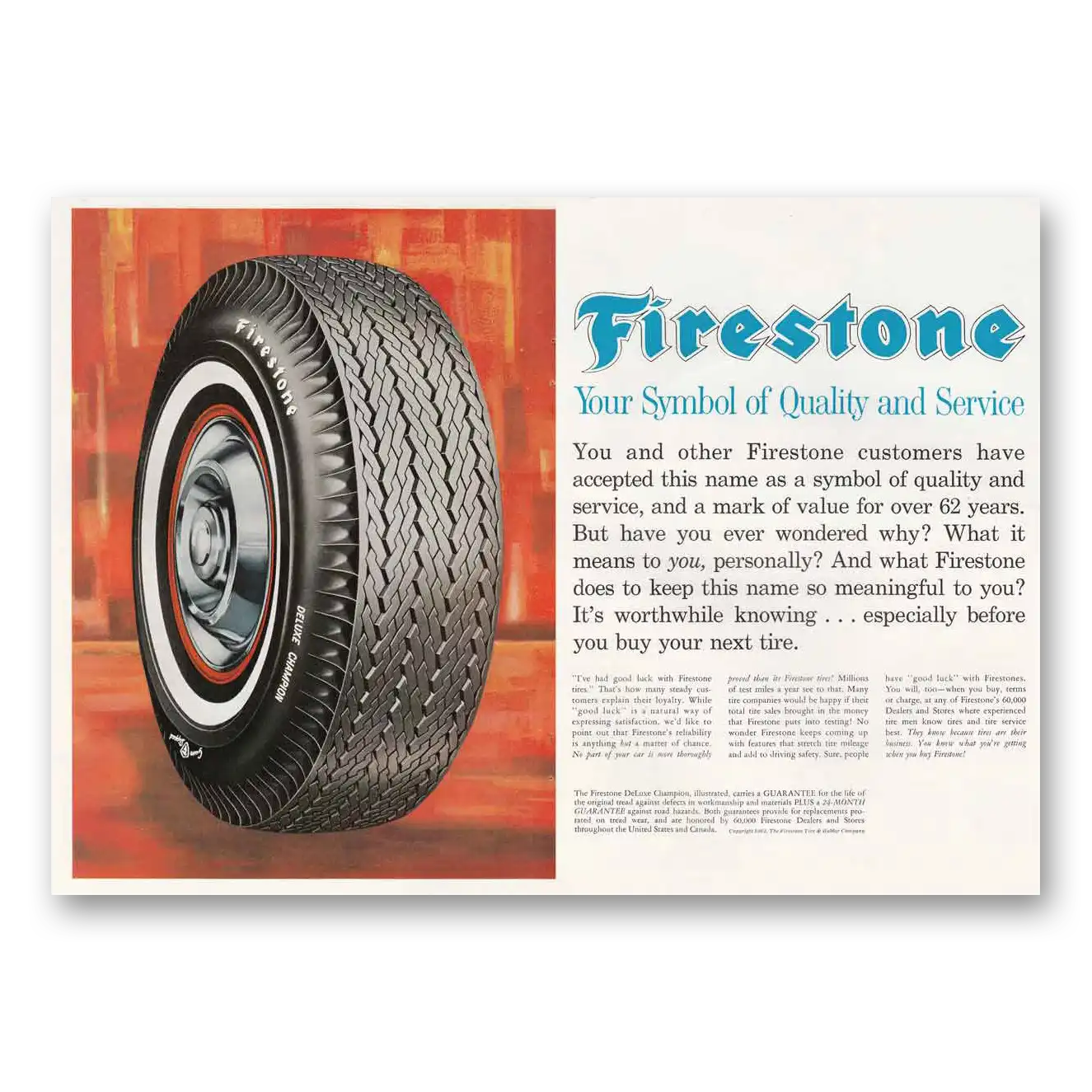 1962 Firestone Tires Deluxe Champion Tires Symbol of Quality Vintage Magazine Print Ad