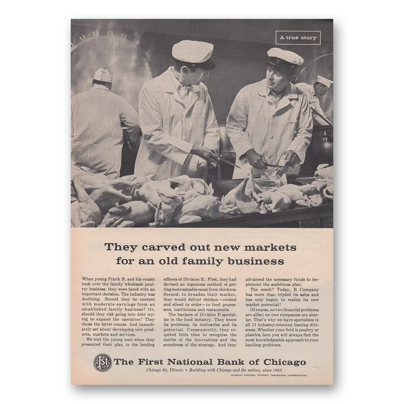 1962 First National Bank of Chicago They Carved Out New Markets Vintage Magazine Print Ad