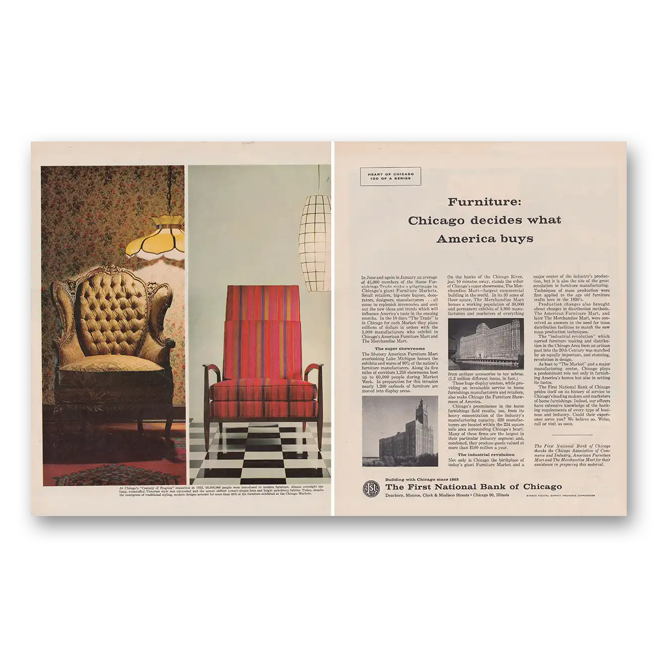 1962 First National Bank of Chicago Furniture Chicago Decides Vintage Magazine Print Ad