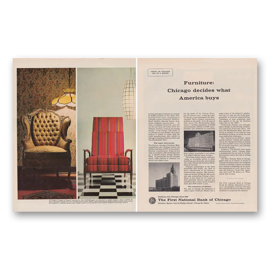 1962 First National Bank of Chicago Furniture Chicago Decides Vintage Magazine Print Ad