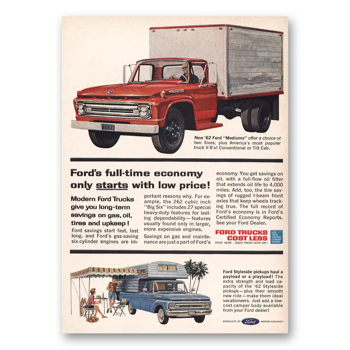 1962 Ford Trucks Full Time Economy Vintage Magazine Print Ad