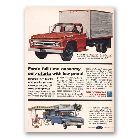 1962 Ford Trucks Full Time Economy Vintage Magazine Print Ad