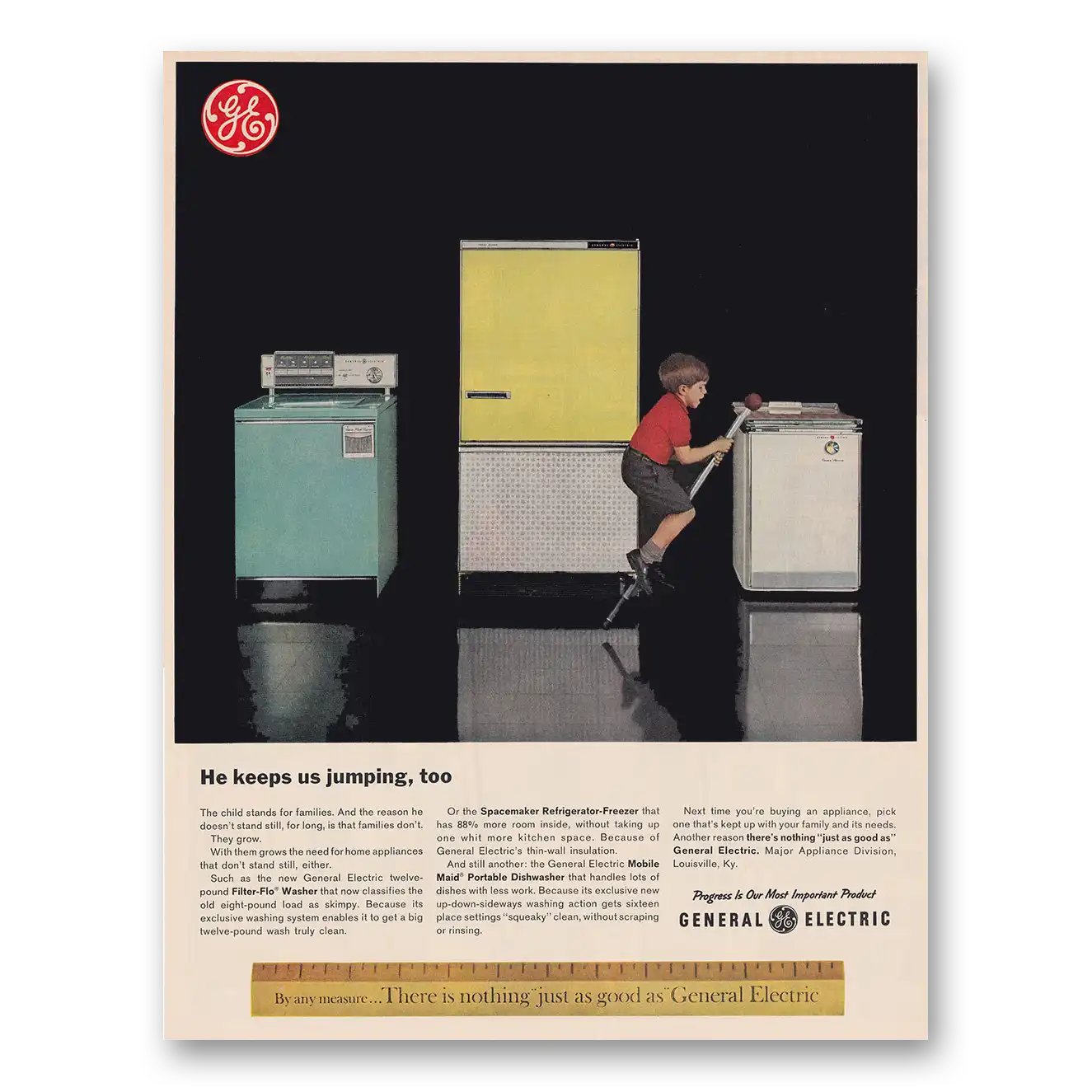 1962 General Electric Washer Refrigerator He Keeps Us Jumping Too Vintage Magazine Print Ad