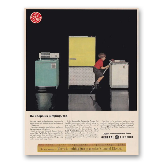 1962 General Electric Washer Refrigerator He Keeps Us Jumping Too Vintage Magazine Print Ad