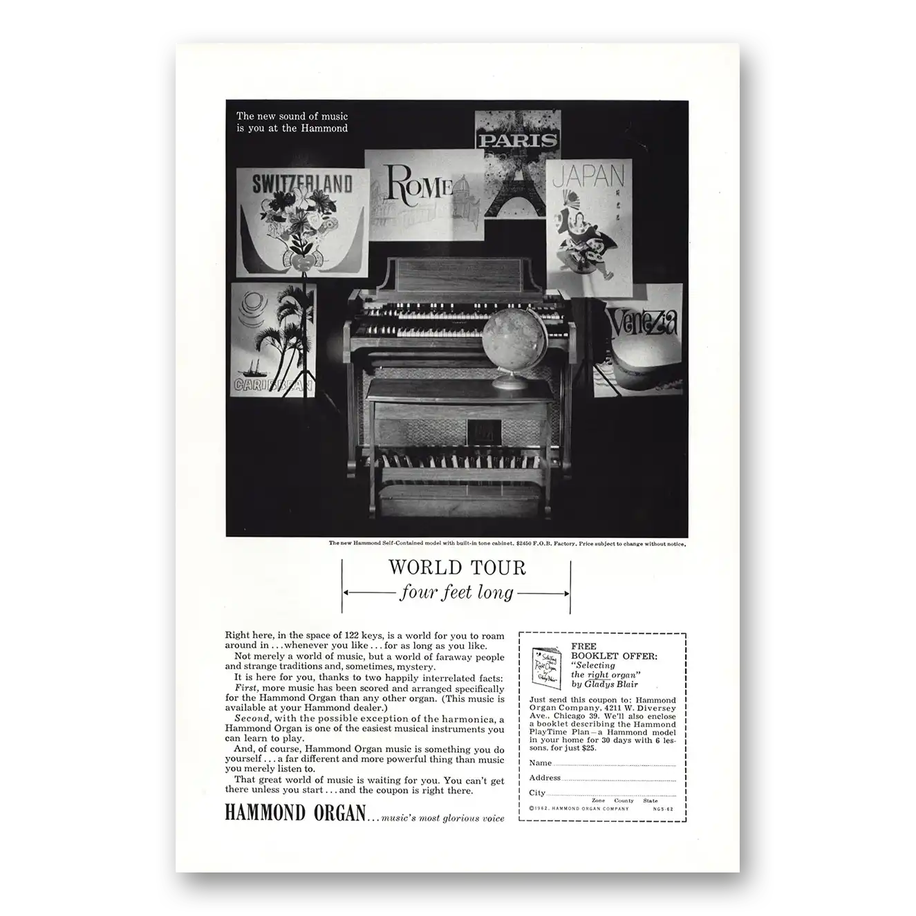 1962 Hammond Organ World Tour Four Feet Long Vintage Magazine Print Ad