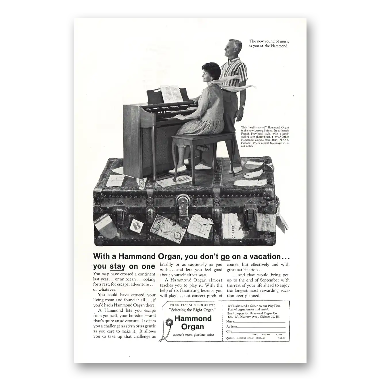 1962 Hammond Organ Luxury Spinet Vintage Magazine Print Ad