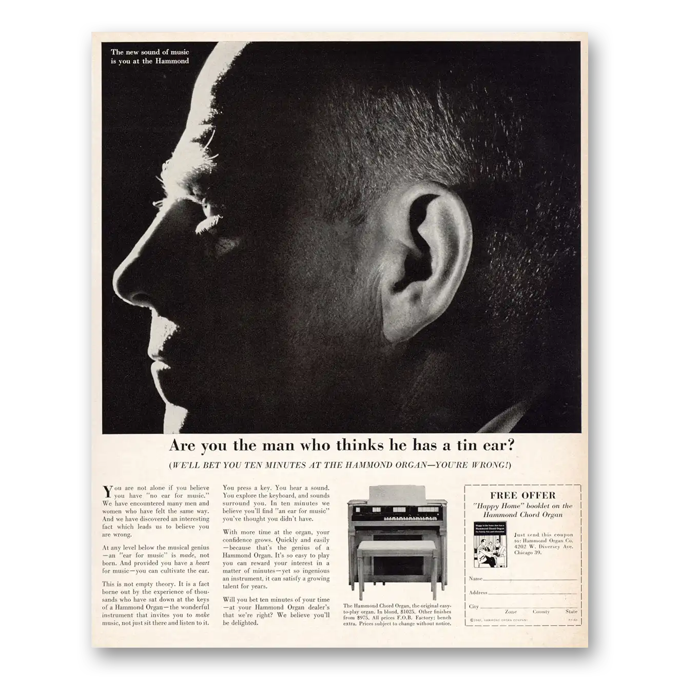 1962 Hammond Organ Chord Organ Thinks He Has a Tin Ear Vintage Magazine Print Ad