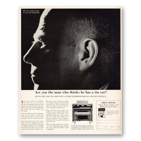 1962 Hammond Organ Chord Organ Thinks He Has a Tin Ear Vintage Magazine Print Ad