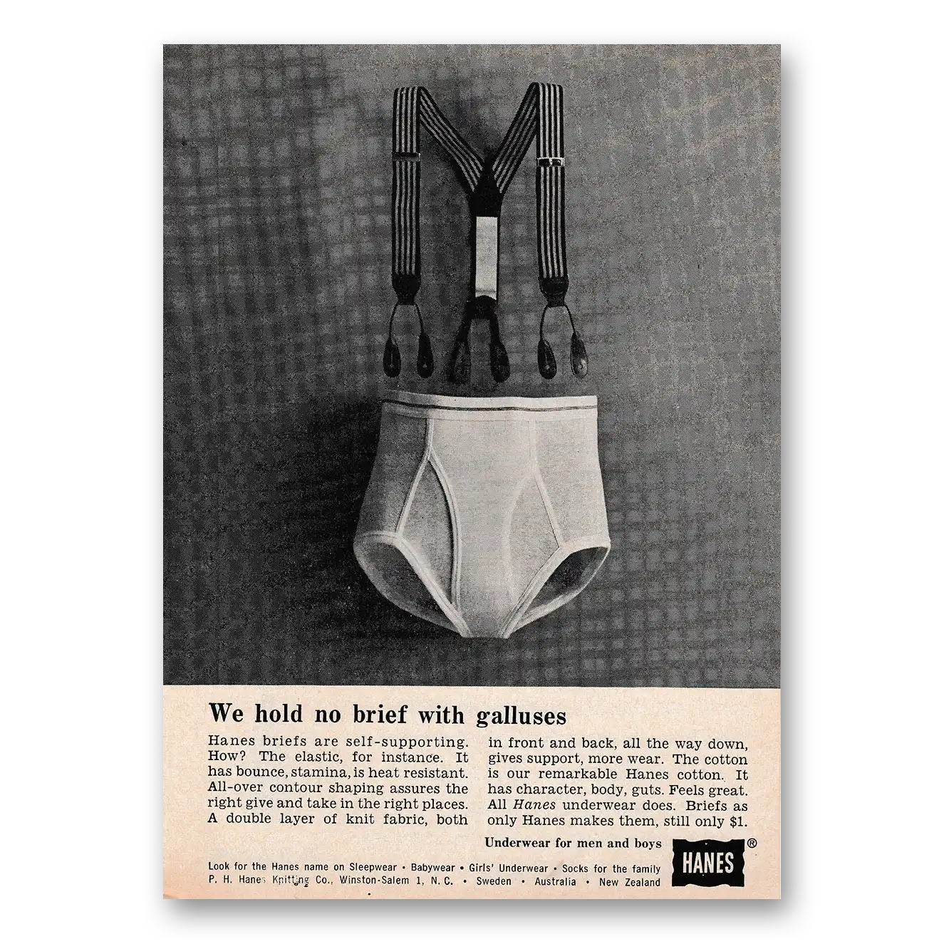 1962 Hanes Undergarments We Hold No Brief With Galluses Vintage Magazine Print Ad