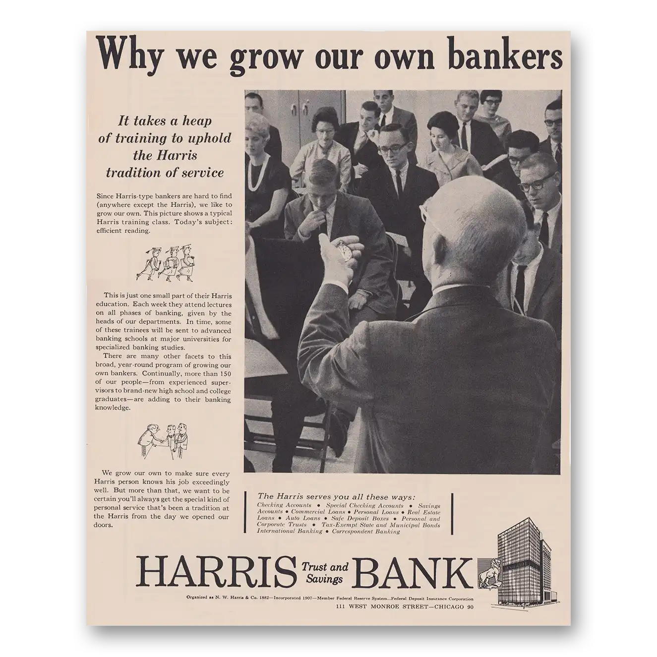 1962 Harris Bank Why We Grow Our Own Bankers Vintage Magazine Print Ad