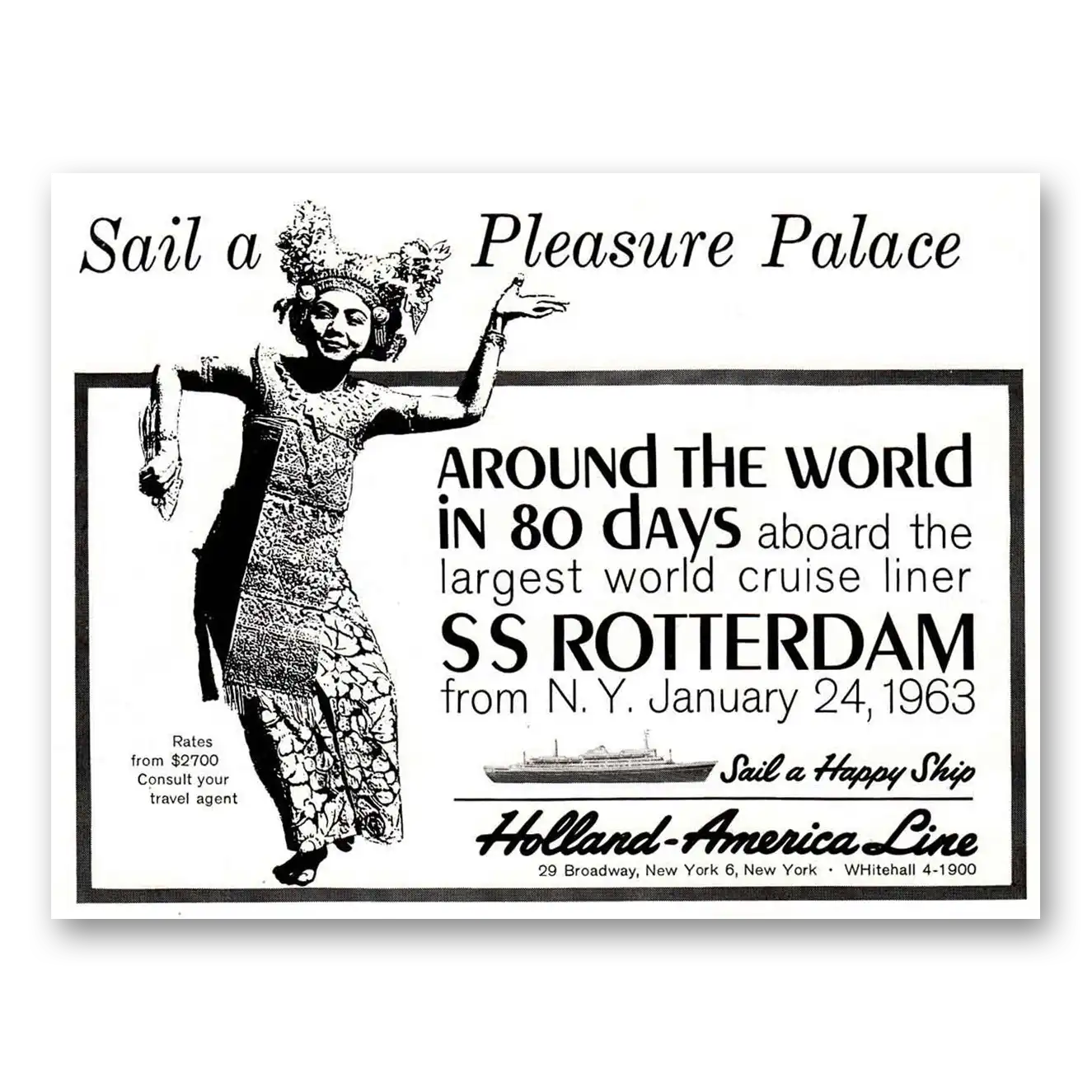 1962 Holland America Line SS Rotterdam Vintage Magazine Print Ad