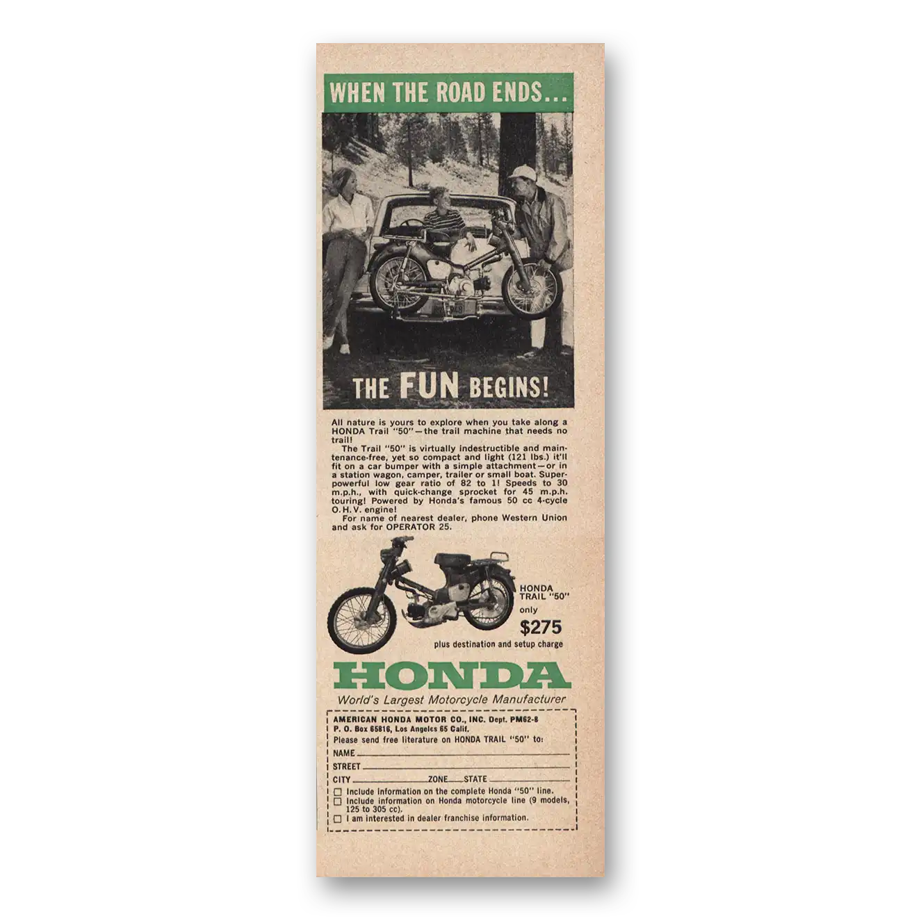 1962 Honda Motorcycle When Road Ends Fun Begins Vintage Magazine Print Ad