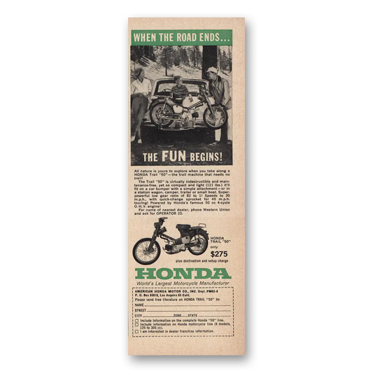 1962 Honda Motorcycle When Road Ends Fun Begins Vintage Magazine Print Ad