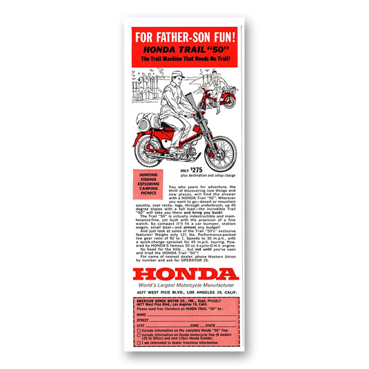 1962 Honda Motorcycle Trail 50 Father Son Fun Vintage Magazine Print Ad