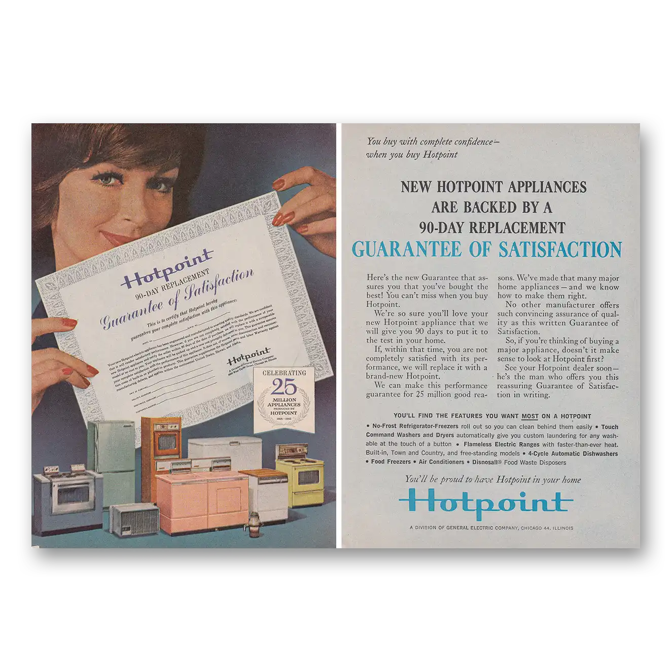 1962 Hotpoint Appliances Guarantee of Satisfaction Vintage Magazine Print Ad