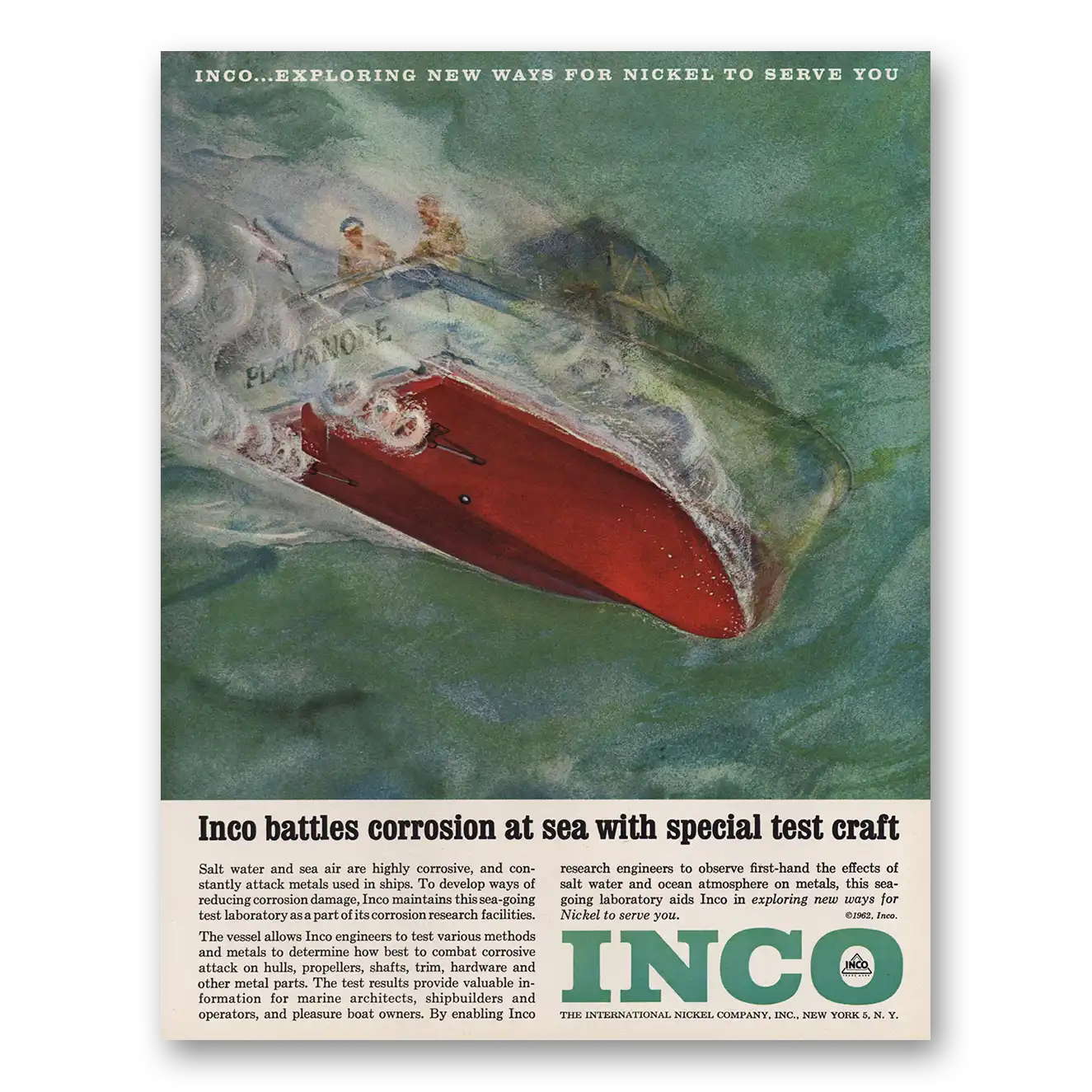 1962 International Nickel INCO Battles Corrosion at Sea With Special Test Craft Vintage Magazine Print Ad