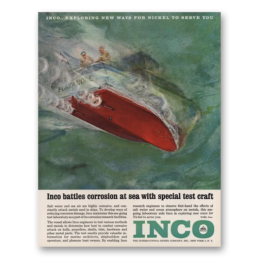 1962 International Nickel INCO Battles Corrosion at Sea With Special Test Craft Vintage Magazine Print Ad