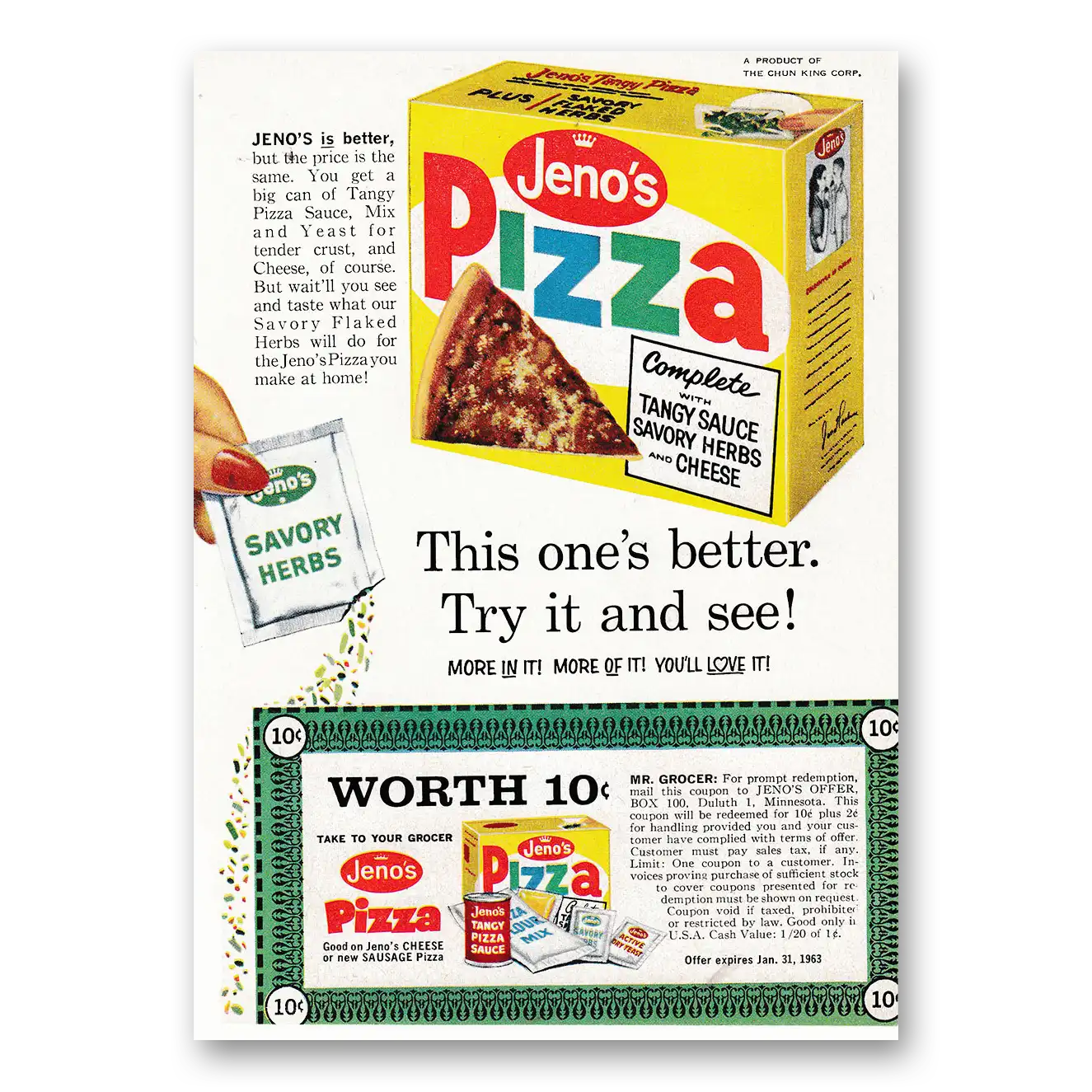 1962 Jenos Pizza This Ones Better Vintage Magazine Print Ad