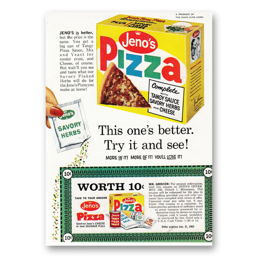 1962 Jenos Pizza This Ones Better Vintage Magazine Print Ad