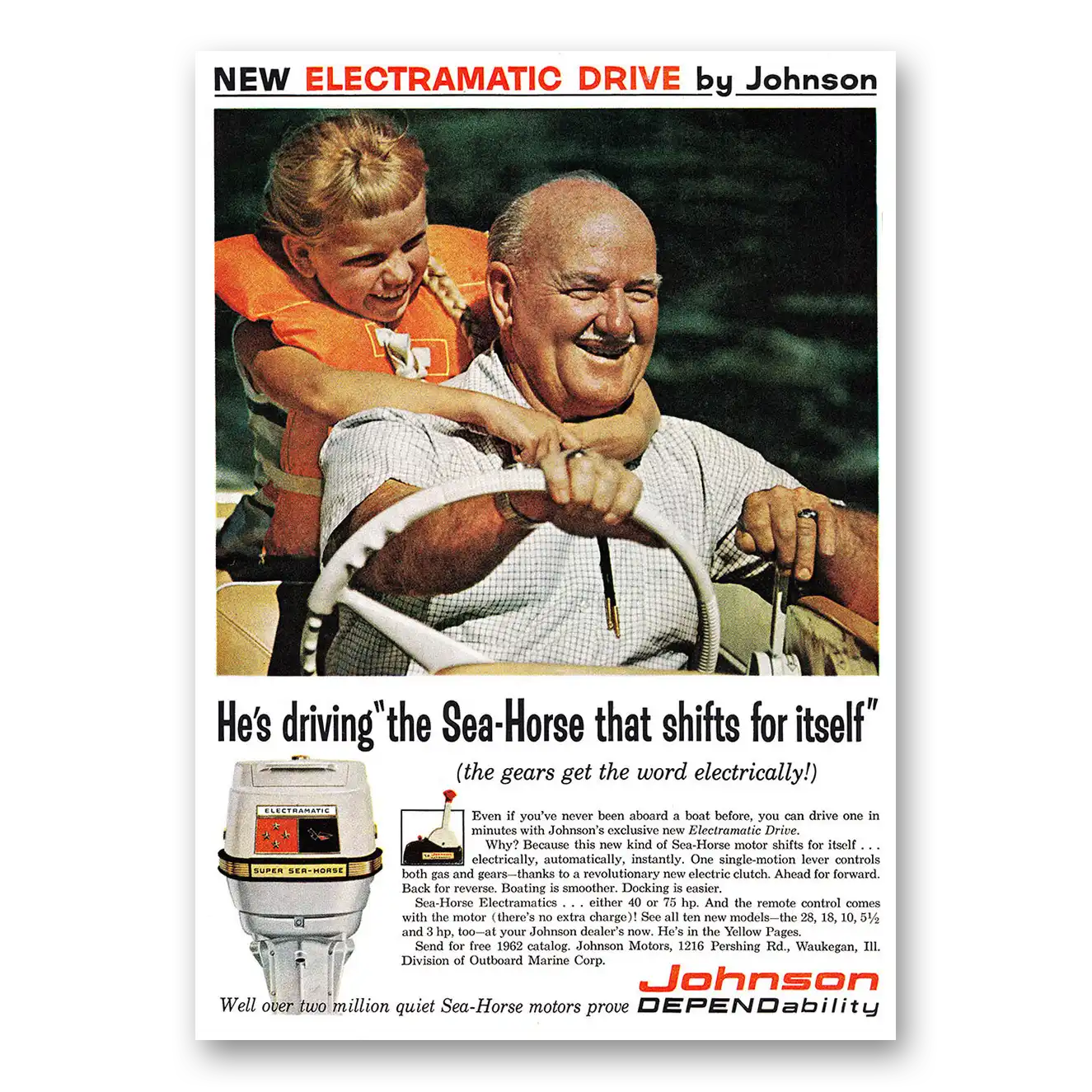 1962 Johnson Sea Horse Motors Shifts for Itself Vintage Magazine Print Ad