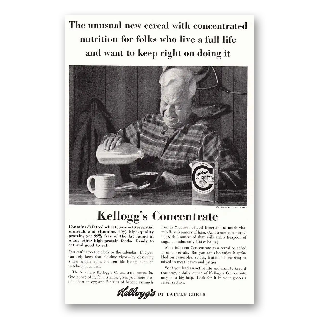 1962 Kelloggs Concentrate Cereal Concentrate Unusual New Cereal With Concentrated Nutrition Vintage Magazine Print Ad