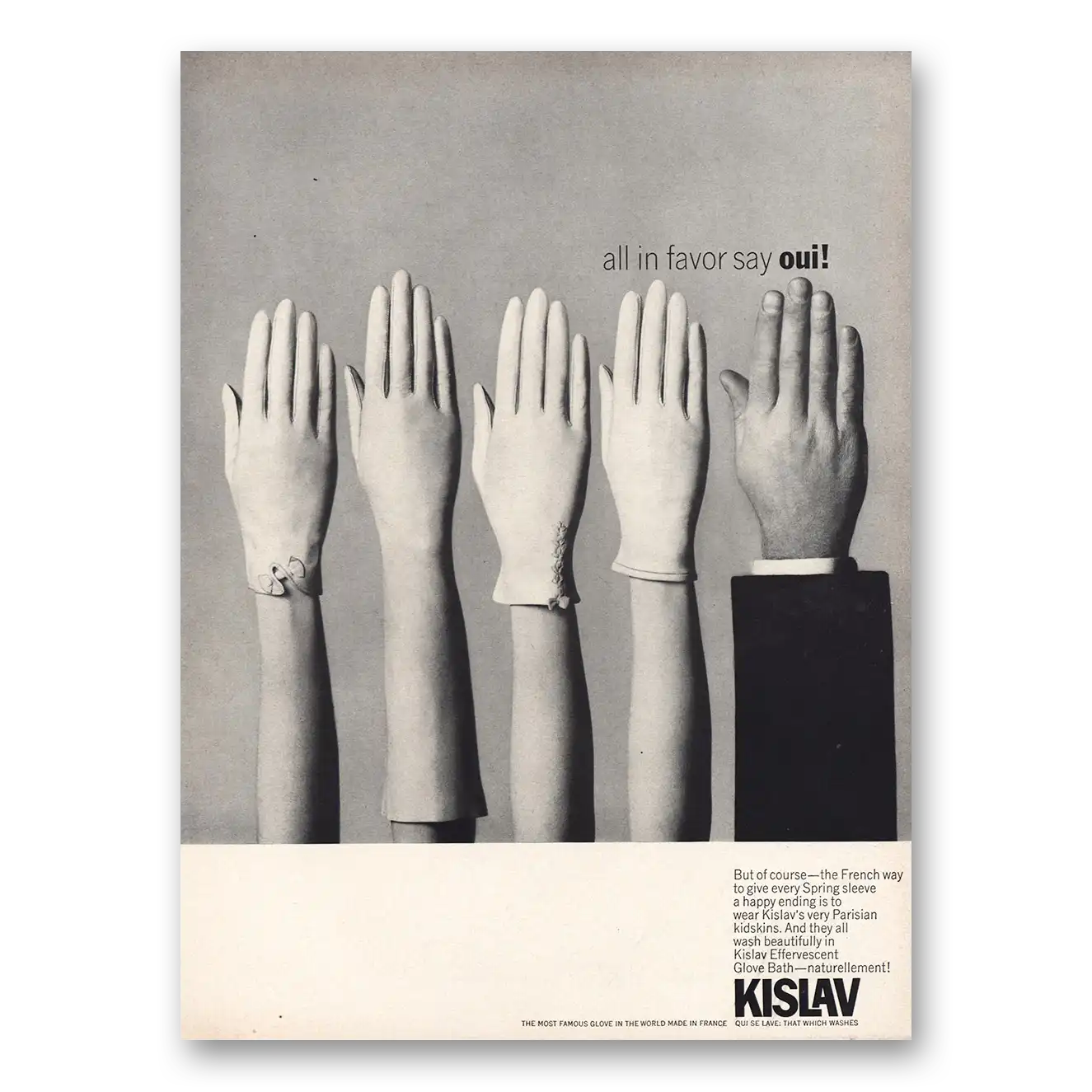 1962 Kislav Kidskins Gloves All In Favor Say Oui Vintage Magazine Print Ad