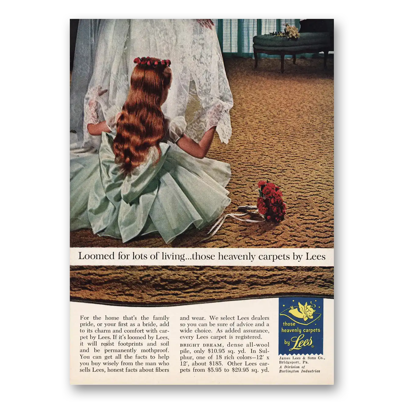 1962 Lees Carpet Loomed for Lots of Living Flower Girl Vintage Magazine Print Ad