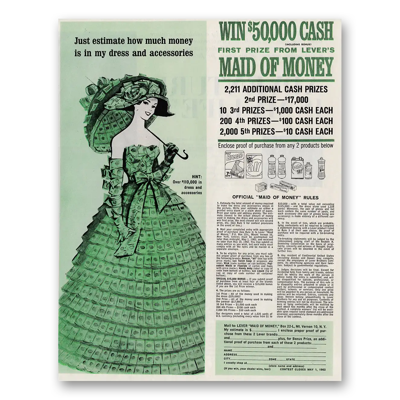 1962 Lever Brothers Maid of Money Just Estimate How Much Money Is In My Dress Vintage Magazine Print Ad