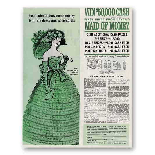 1962 Lever Brothers Maid of Money Just Estimate How Much Money Is In My Dress Vintage Magazine Print Ad