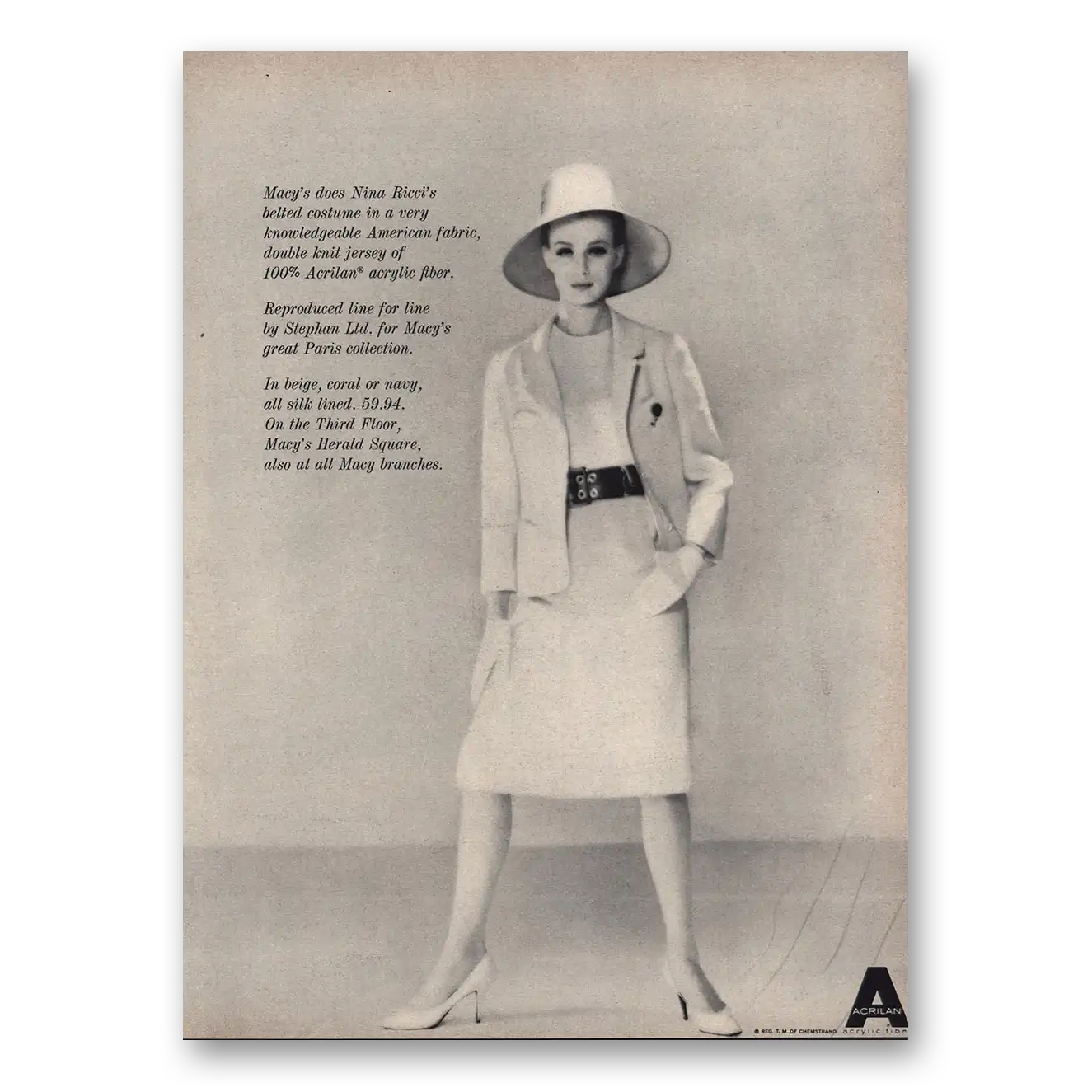 1962 Macys Herald Square Nina Ricci Belted Costume Vintage Magazine Print Ad