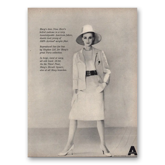 1962 Macys Herald Square Nina Ricci Belted Costume Vintage Magazine Print Ad