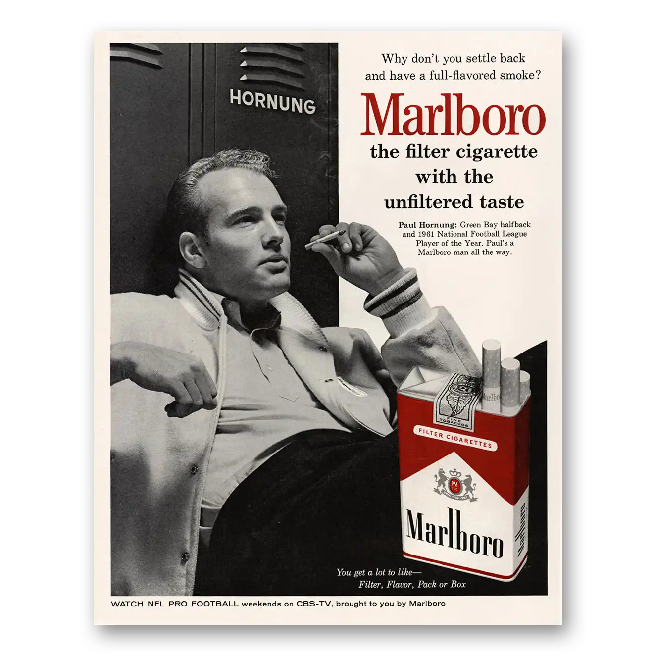 1962 Marlboro Cigarettes Paul Hornung Green Bay Halfback Vintage Magazine Print Ad