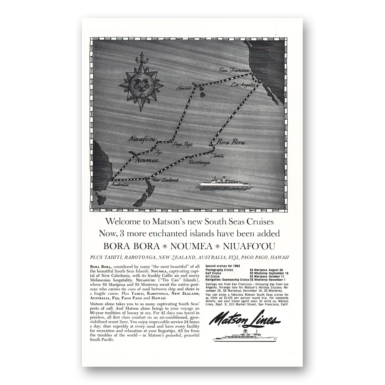 1962 Matson Line Bora Bora Noumea Niuafo'ou Vintage Magazine Print Ad