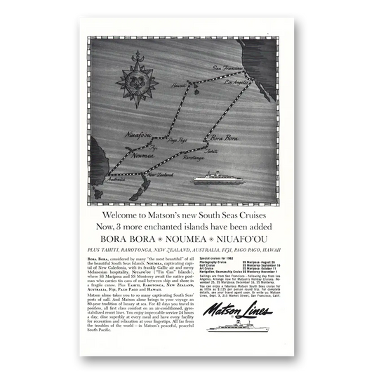 1962 Matson Line Bora Bora Noumea Niuafo'ou Vintage Magazine Print Ad