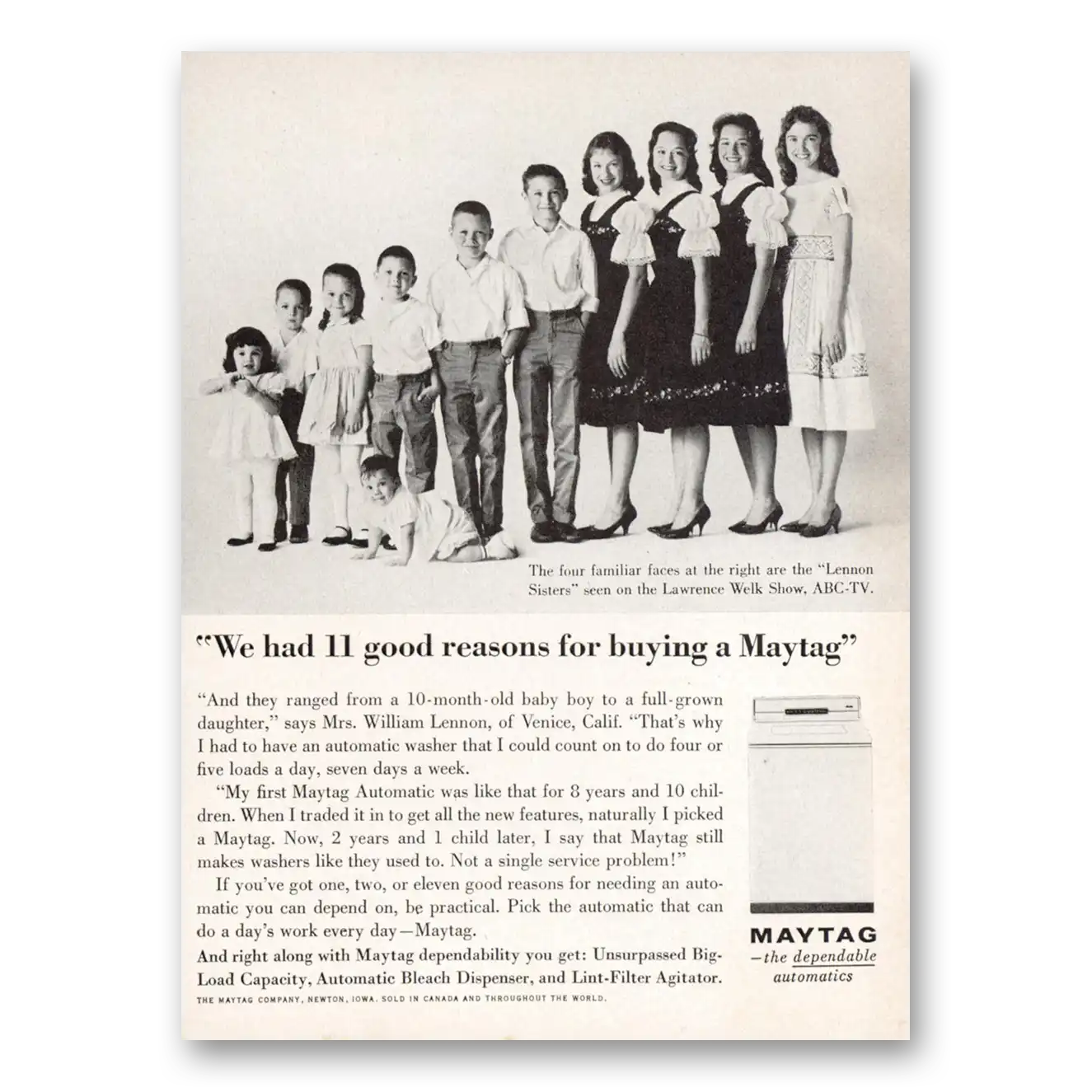 1962 Maytag Washer Lennon Sisters 11 Good Reasons Vintage Magazine Print Ad