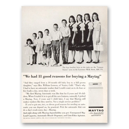 1962 Maytag Washer Lennon Sisters 11 Good Reasons Vintage Magazine Print Ad