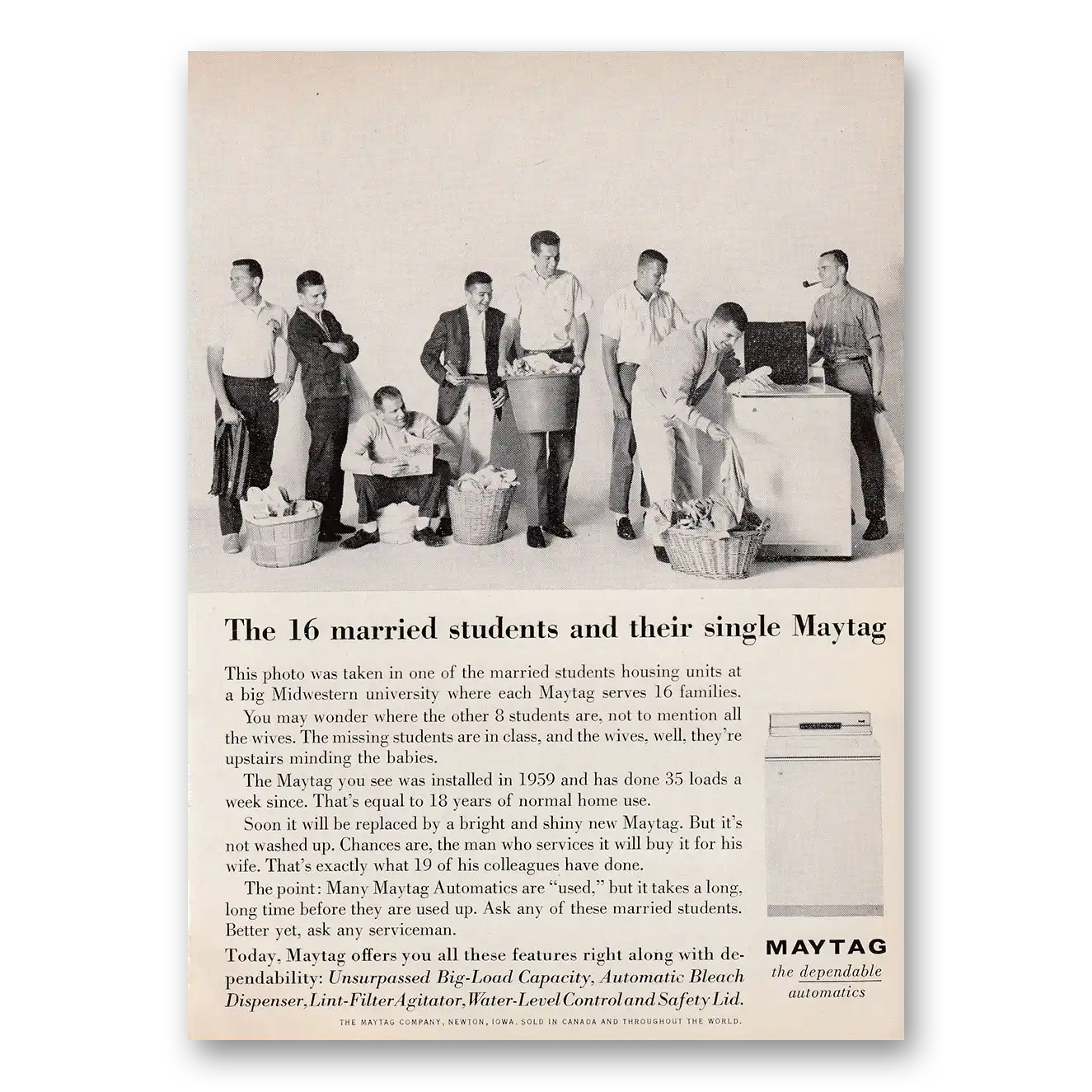 1962 Maytag Washer Married Students and Their Single Maytag Vintage Magazine Print Ad