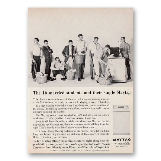 1962 Maytag Washer Married Students and Their Single Maytag Vintage Magazine Print Ad