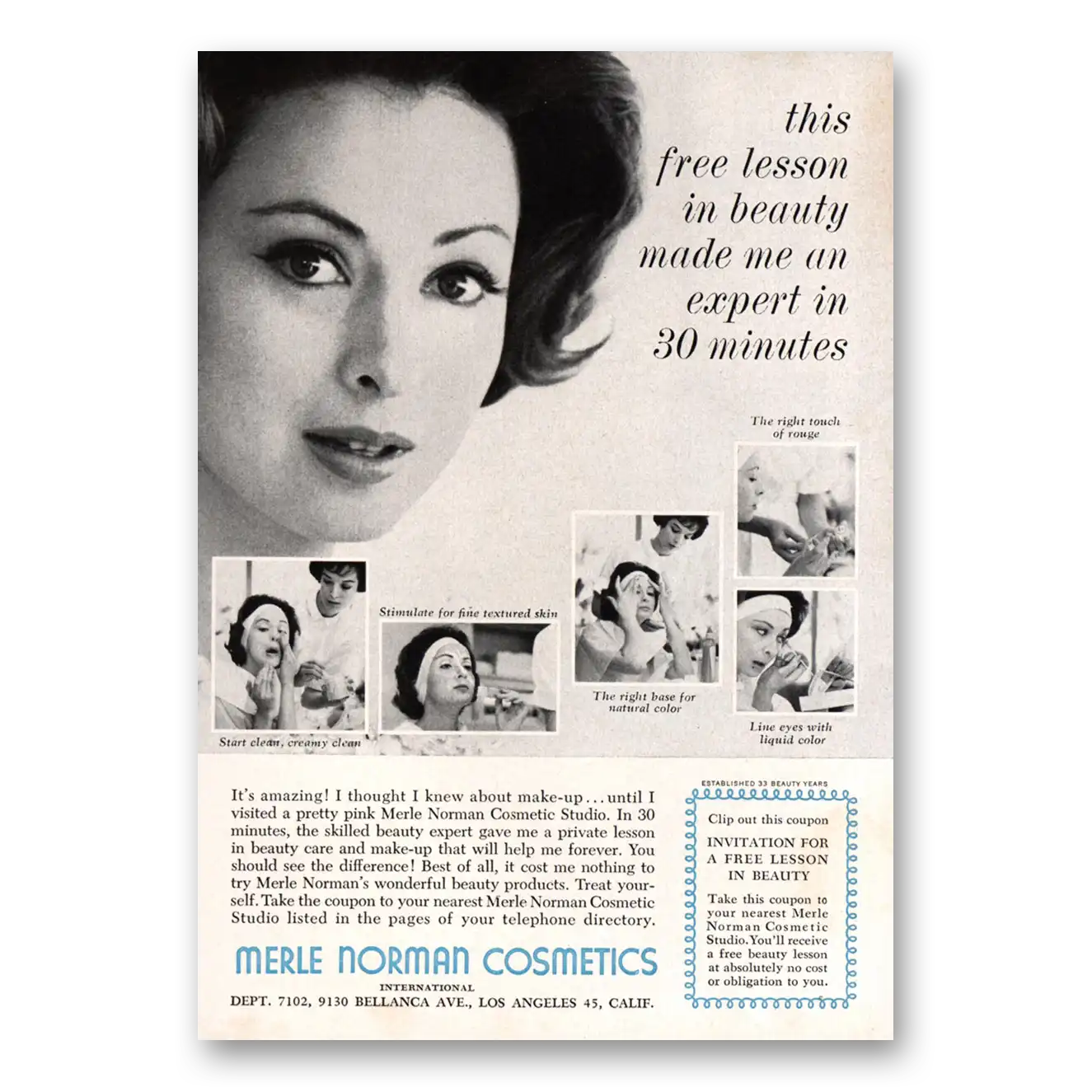 1962 Merle Norman Cosmetics Free Lesson In Beauty Vintage Magazine Print Ad